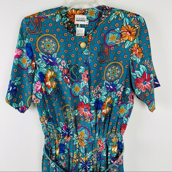 Vintage green purple floral 80s pleated belted button boho office midi dress 12 - Picture 2 of 9